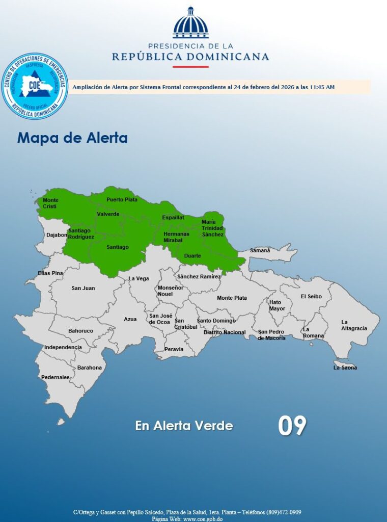 Mapa de provincias en alerta verde