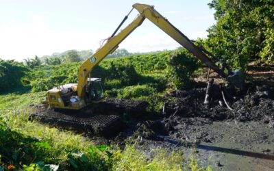 Equipo anfibio del INDRHI ejecuta labores de limpieza en el caño Colorado, en Arenoso, Duarte