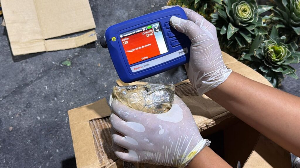 La sustancia, ocupada en el AILA, estaba camuflada en un doble fondo entre las tapas de las cajas de cartón cargadas de la fruta